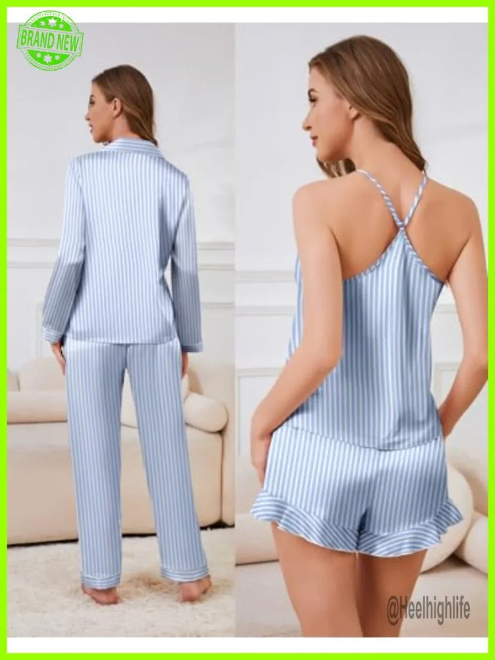 5PCS Satin Silk Pajama Set - Button Down Top, Pants, Cami & Ruffle Shorts